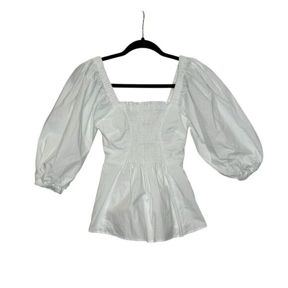 P.A.R.O.S.H Shirred White Puff Sleeve Cotton Blouse | S - Picture 5 of 11